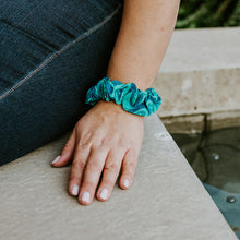 Load image into Gallery viewer, Hair Scrunchies 3 Pack ( assorted designs, teal, black and purple)