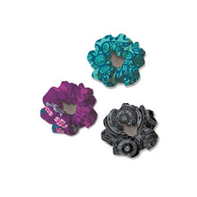 Load image into Gallery viewer, Hair Scrunchies 3 Pack ( assorted designs, teal, black and purple)