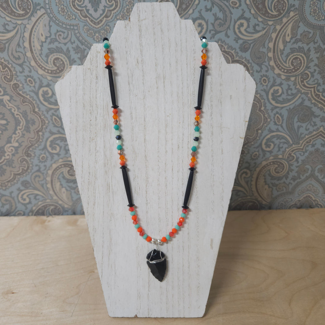 Hairpipe Bone, Black Obsidian Arrowhead Necklace (TLNL07)
