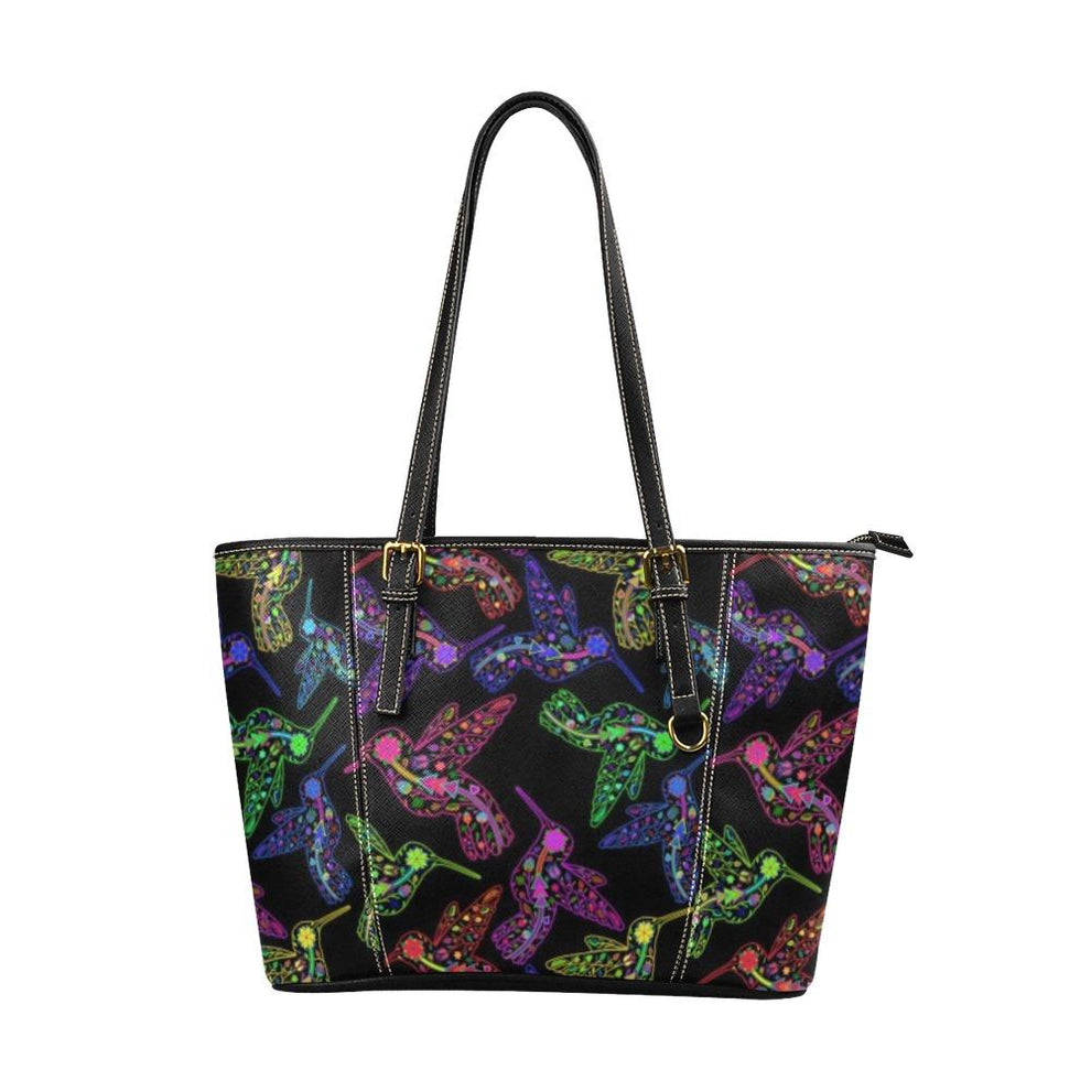 Neon Floral Hummingbirds Leather Tote Bag