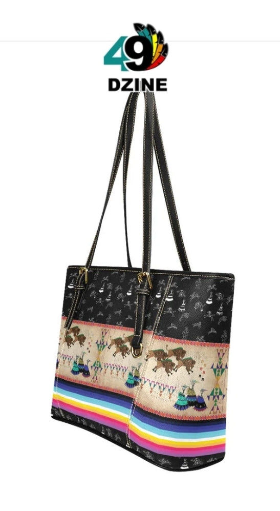 Buffalos Running Black Sky Leather Tote Bag